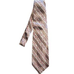 1950s Vintage Wide Rayon Striped Necktie Tie In Tan And White With Red Designs